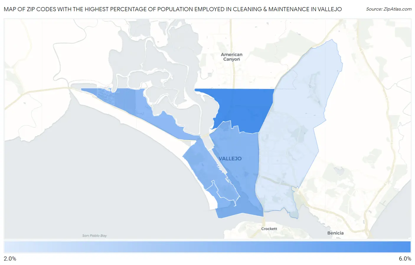 Zip Codes with the Highest Percentage of Population Employed in Cleaning & Maintenance in Vallejo Map
