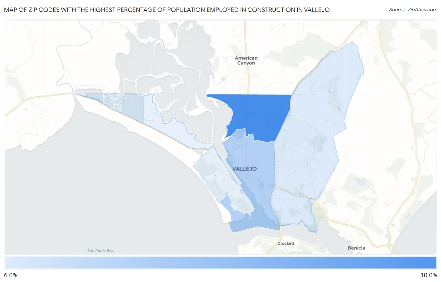 Zip Codes with the Highest Percentage of Population Employed in Construction in Vallejo Map