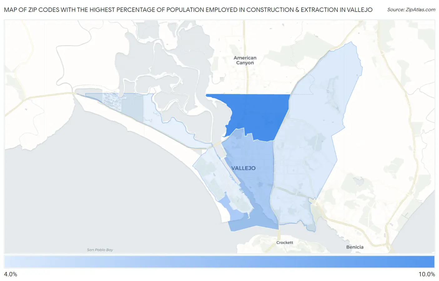 Zip Codes with the Highest Percentage of Population Employed in Construction & Extraction in Vallejo Map