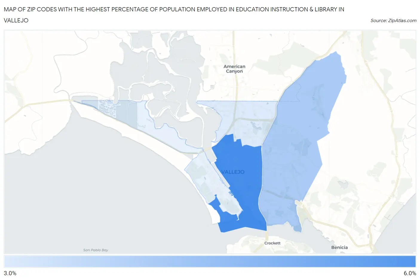 Zip Codes with the Highest Percentage of Population Employed in Education Instruction & Library in Vallejo Map