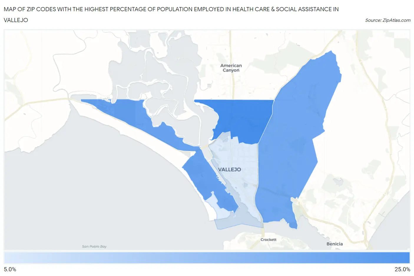 Zip Codes with the Highest Percentage of Population Employed in Health Care & Social Assistance in Vallejo Map