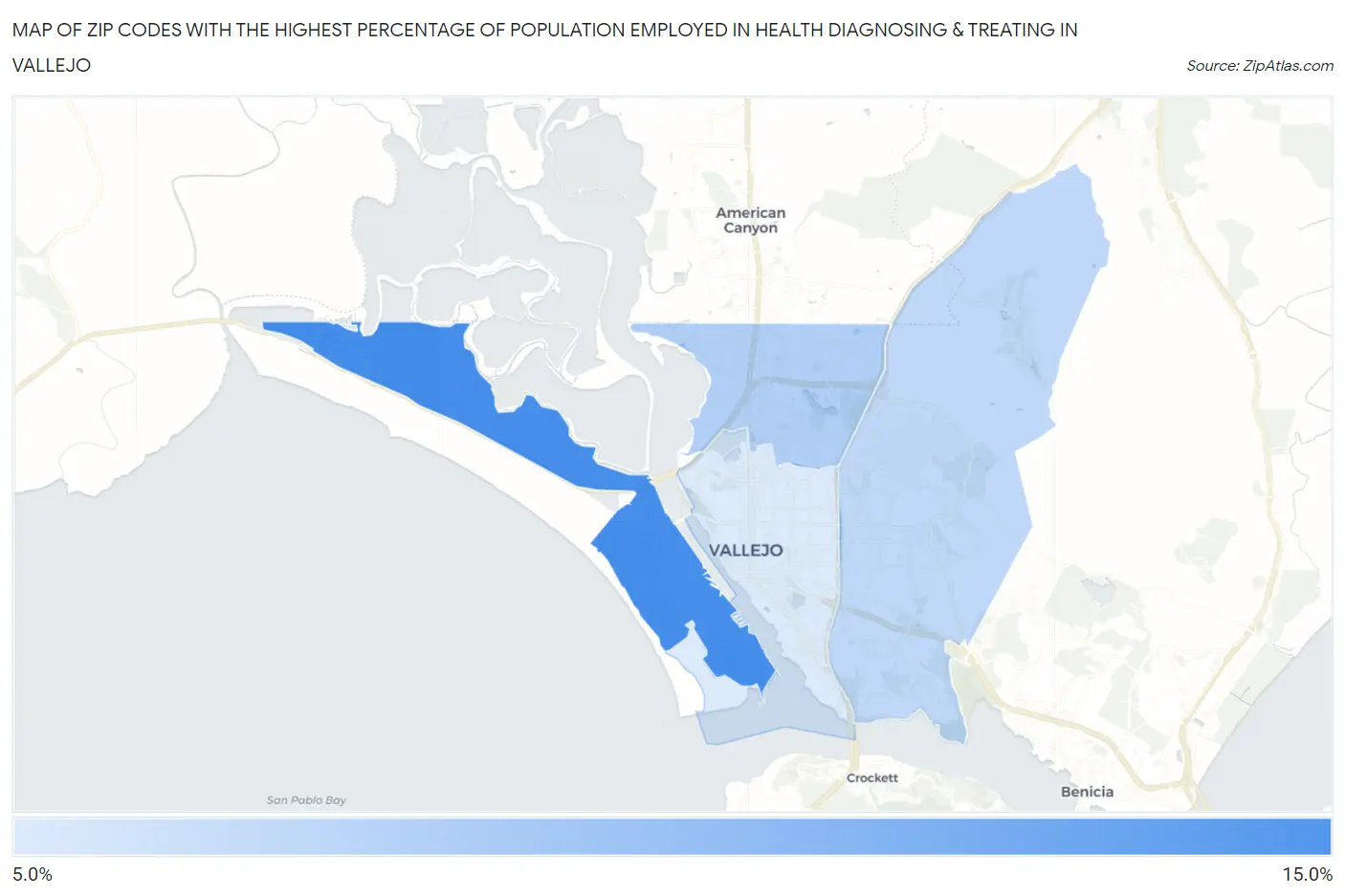 Zip Codes with the Highest Percentage of Population Employed in Health Diagnosing & Treating in Vallejo Map