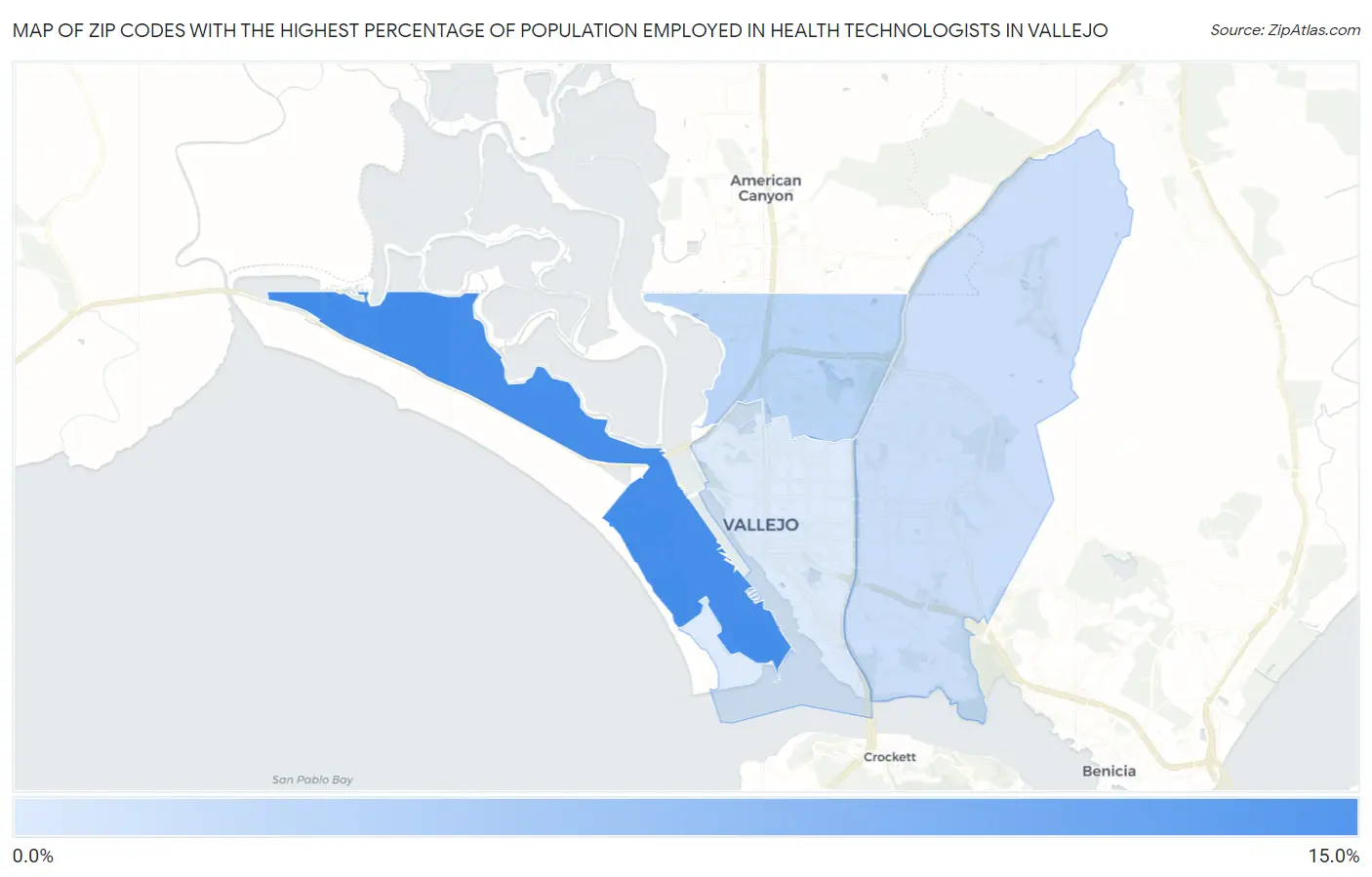 Zip Codes with the Highest Percentage of Population Employed in Health Technologists in Vallejo Map