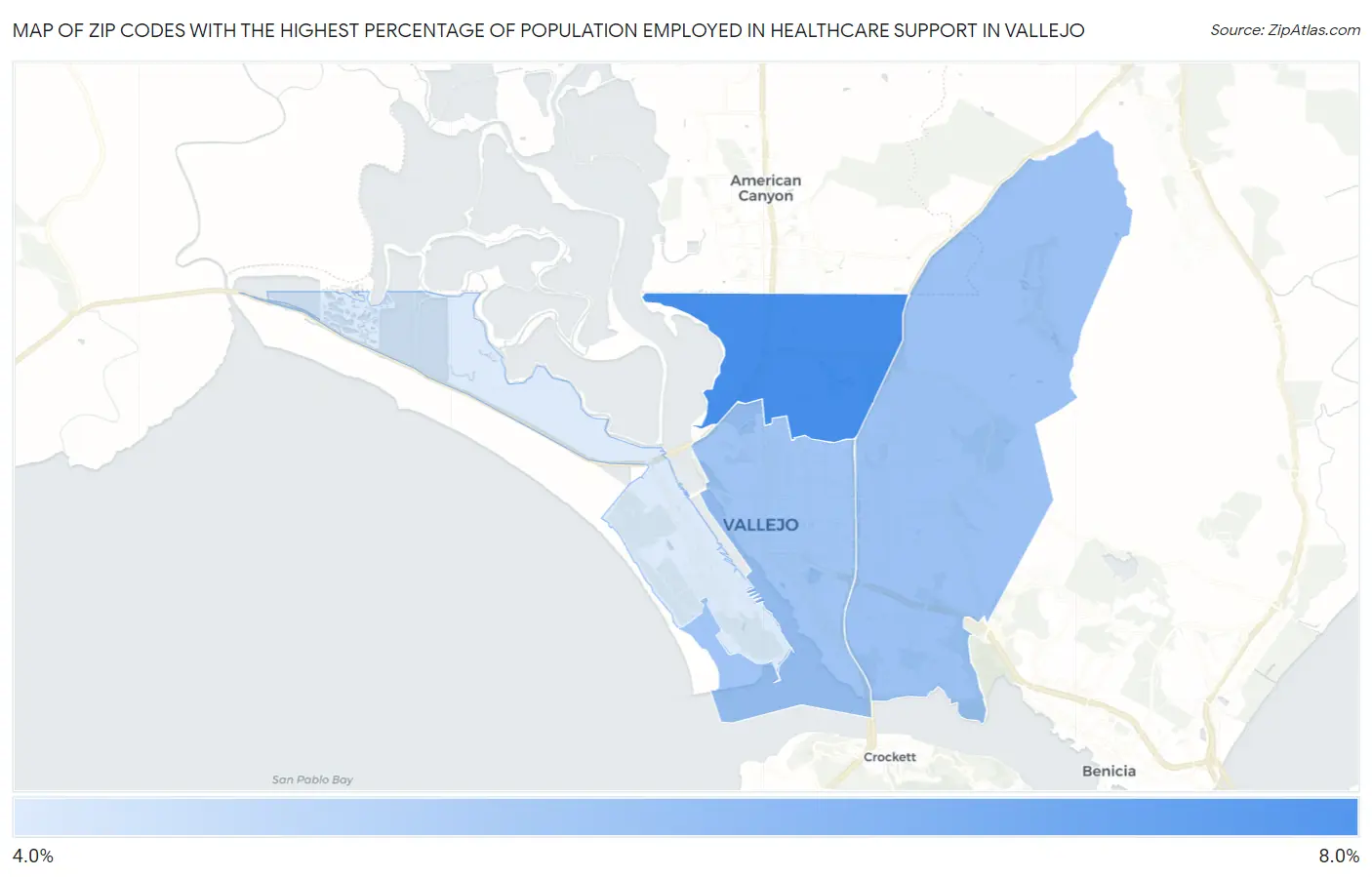 Zip Codes with the Highest Percentage of Population Employed in Healthcare Support in Vallejo Map