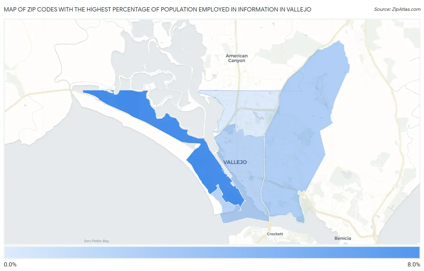 Zip Codes with the Highest Percentage of Population Employed in Information in Vallejo Map