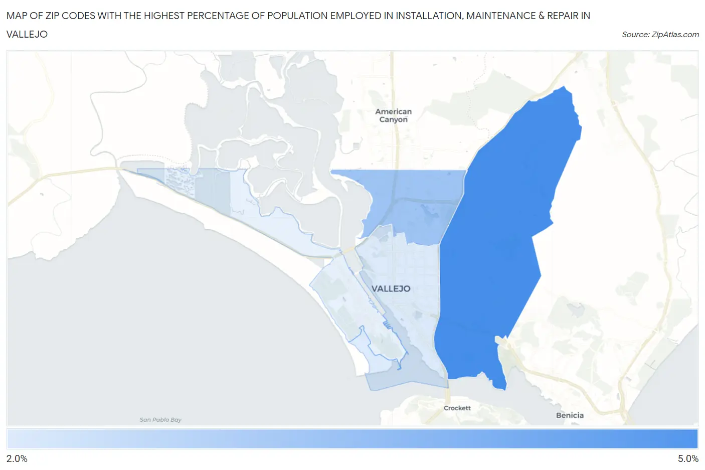 Zip Codes with the Highest Percentage of Population Employed in Installation, Maintenance & Repair in Vallejo Map