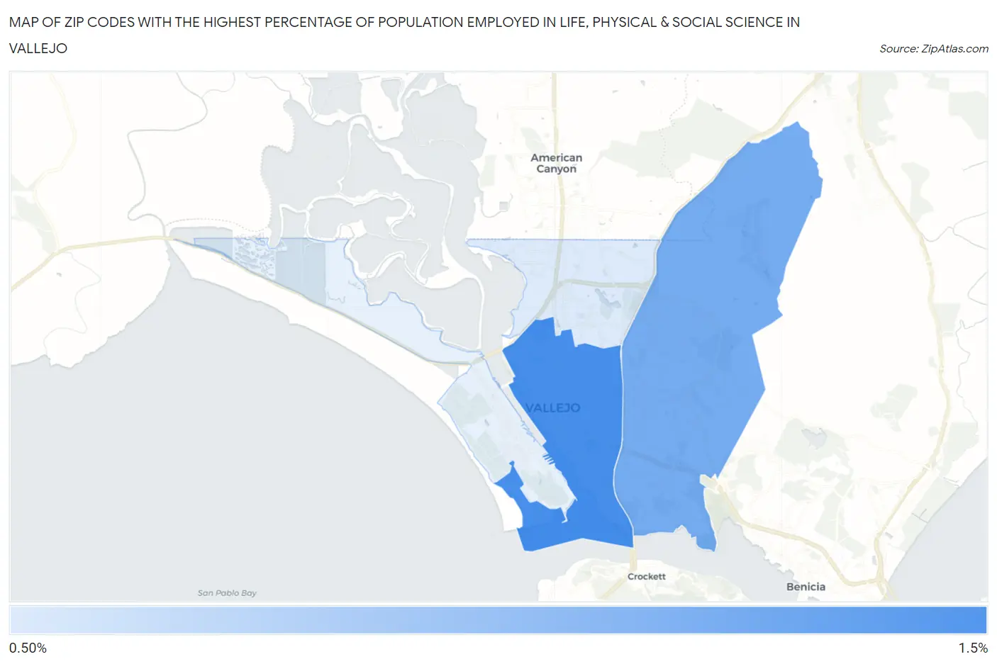 Zip Codes with the Highest Percentage of Population Employed in Life, Physical & Social Science in Vallejo Map