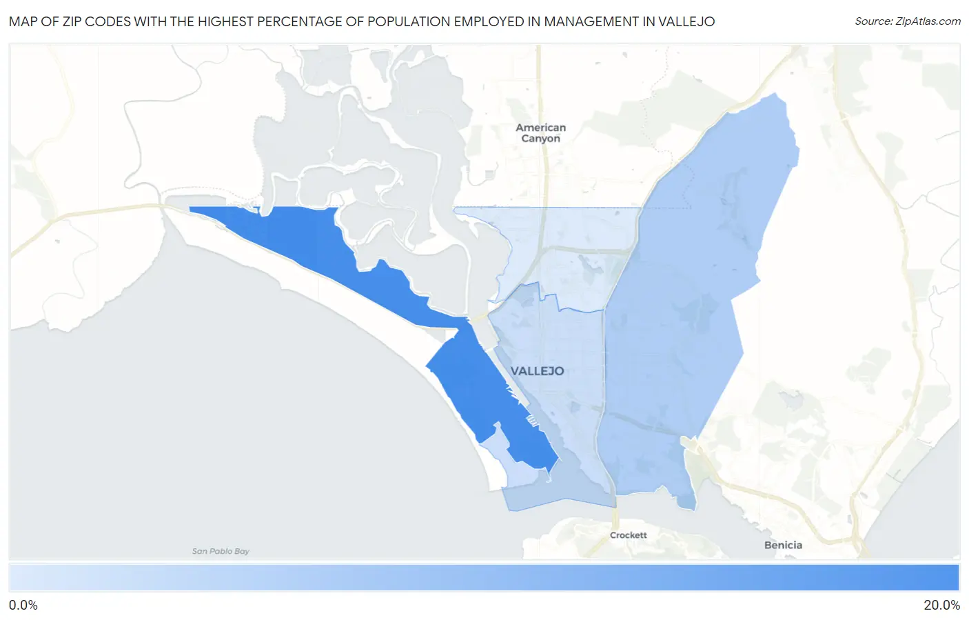 Zip Codes with the Highest Percentage of Population Employed in Management in Vallejo Map