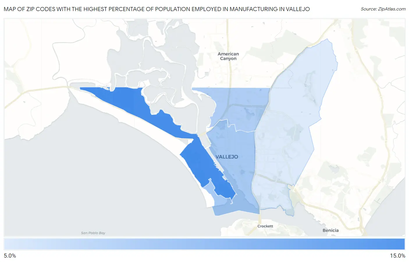 Zip Codes with the Highest Percentage of Population Employed in Manufacturing in Vallejo Map