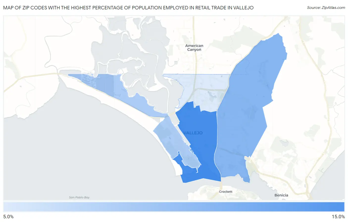 Zip Codes with the Highest Percentage of Population Employed in Retail Trade in Vallejo Map