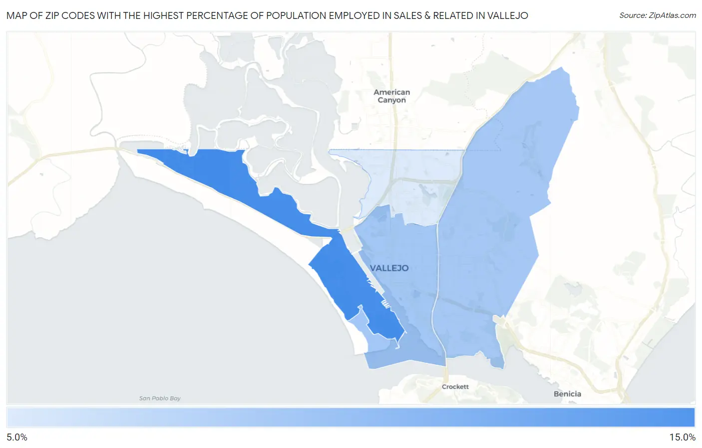 Zip Codes with the Highest Percentage of Population Employed in Sales & Related in Vallejo Map