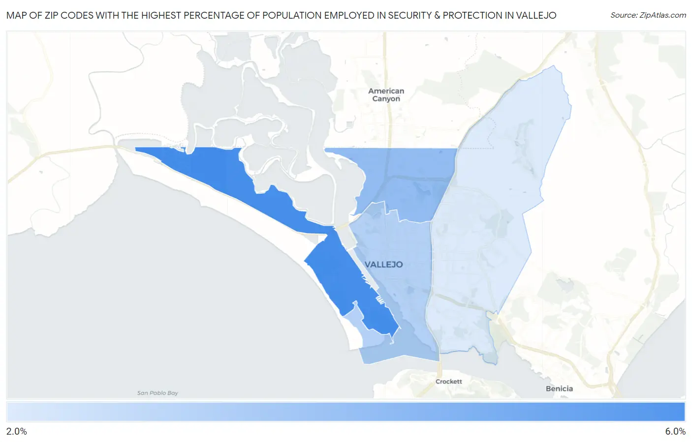 Zip Codes with the Highest Percentage of Population Employed in Security & Protection in Vallejo Map