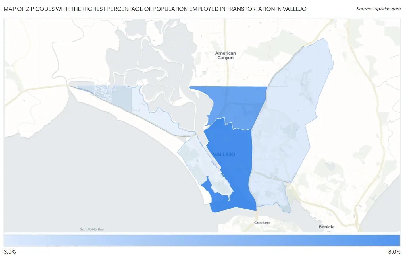 Zip Codes with the Highest Percentage of Population Employed in Transportation in Vallejo Map