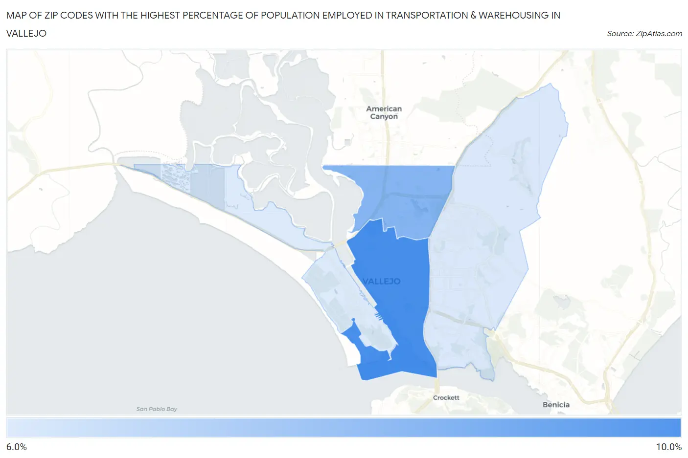 Zip Codes with the Highest Percentage of Population Employed in Transportation & Warehousing in Vallejo Map