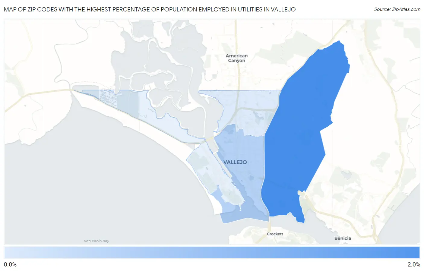 Zip Codes with the Highest Percentage of Population Employed in Utilities in Vallejo Map