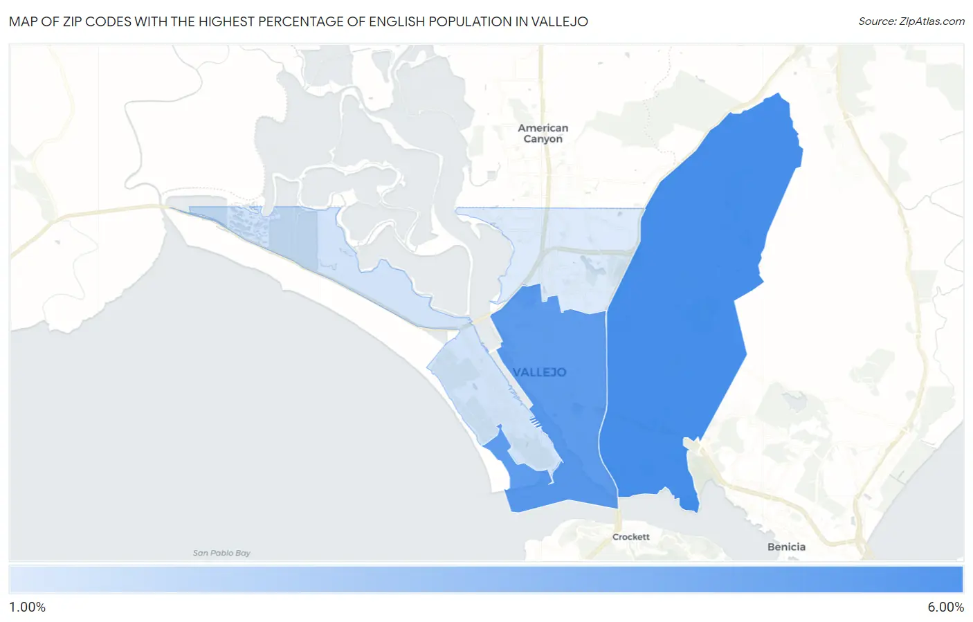 Zip Codes with the Highest Percentage of English Population in Vallejo Map