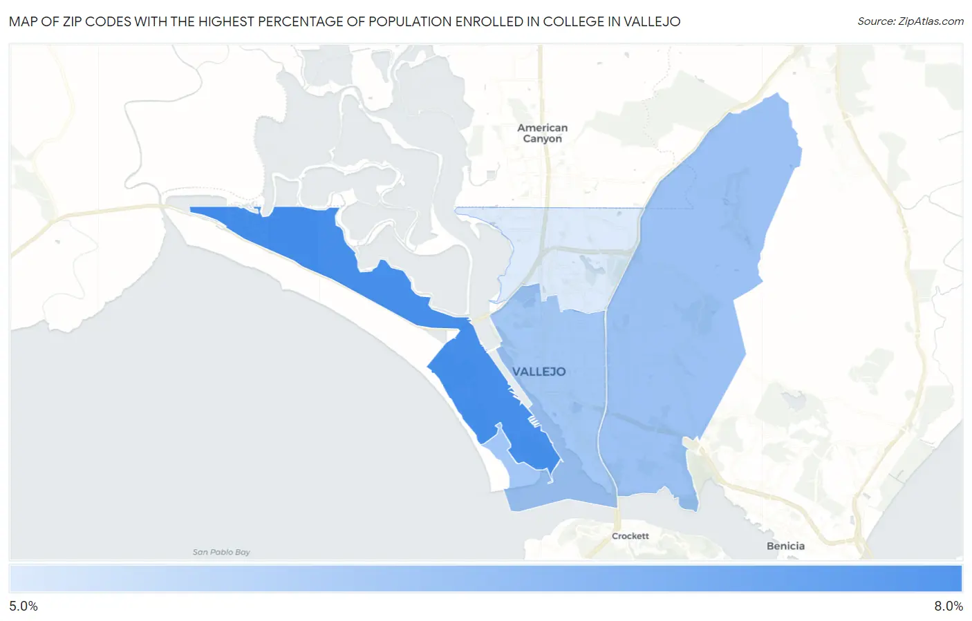 Zip Codes with the Highest Percentage of Population Enrolled in College in Vallejo Map