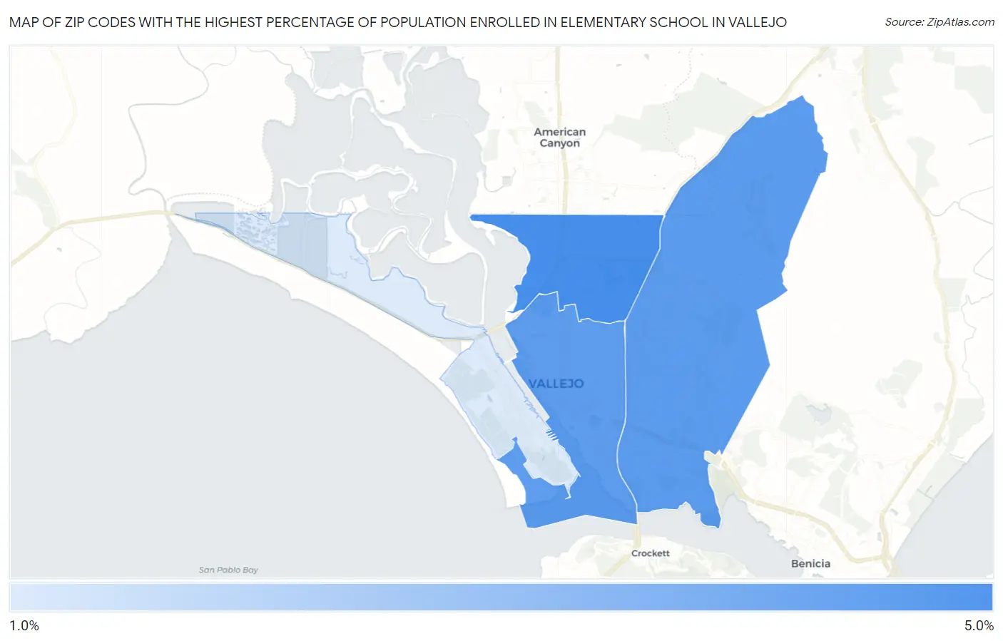 Zip Codes with the Highest Percentage of Population Enrolled in Elementary School in Vallejo Map