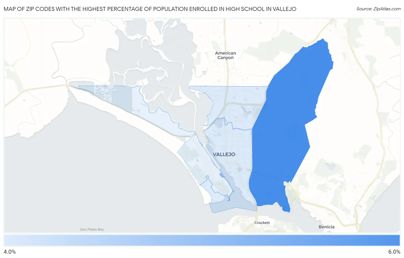 Zip Codes with the Highest Percentage of Population Enrolled in High School in Vallejo Map