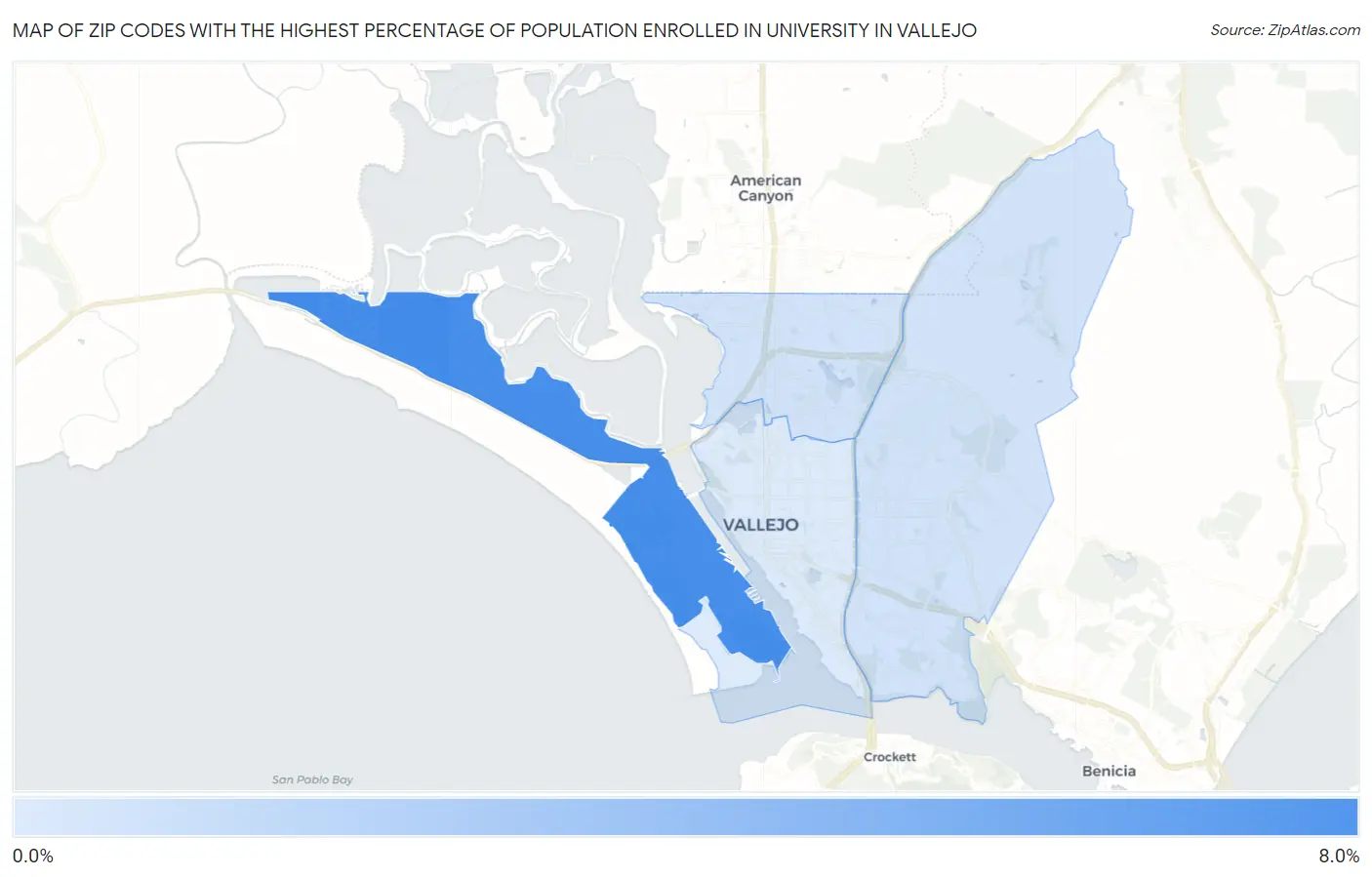 Zip Codes with the Highest Percentage of Population Enrolled in University in Vallejo Map