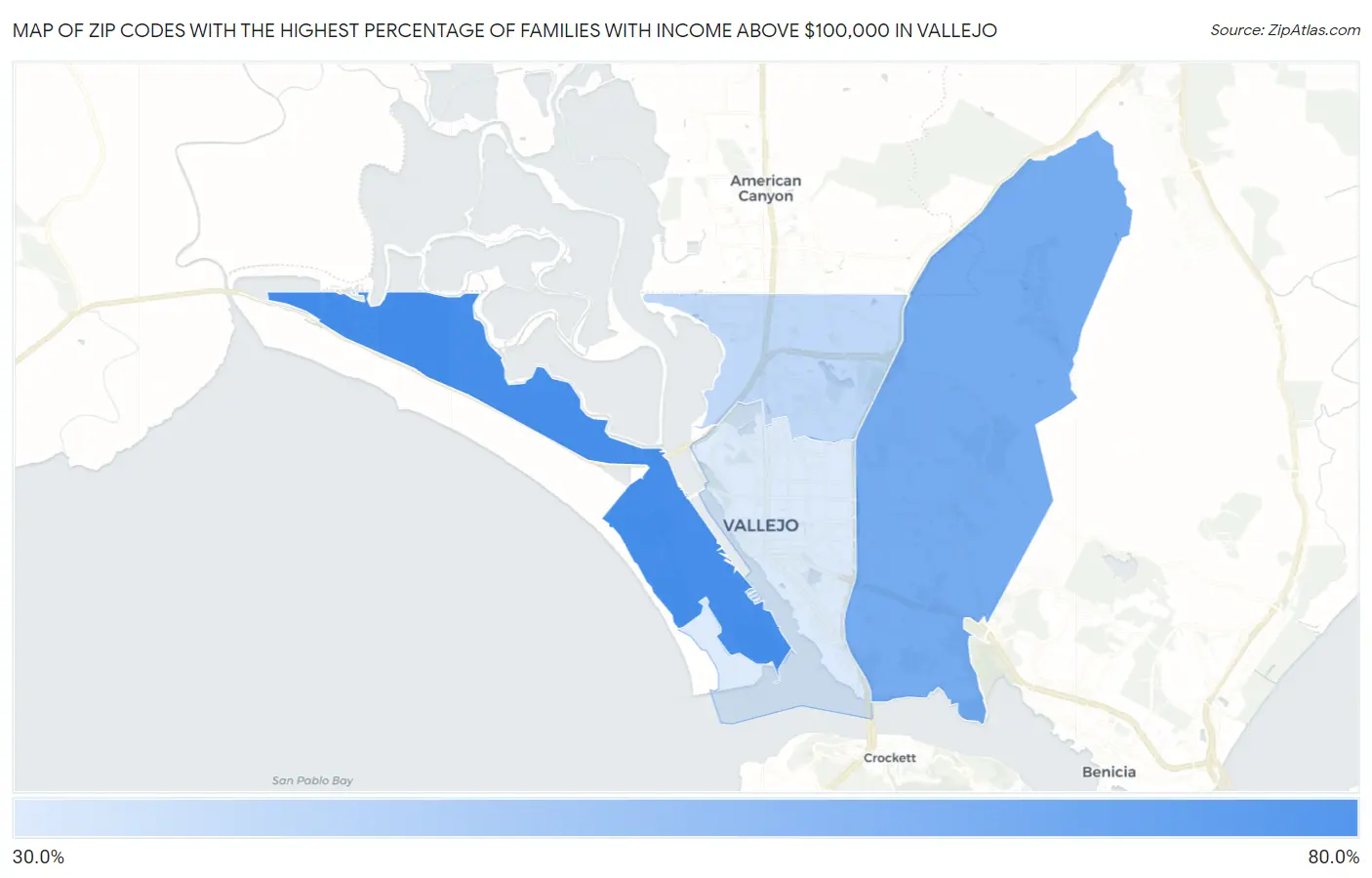 Zip Codes with the Highest Percentage of Families with Income Above $100,000 in Vallejo Map