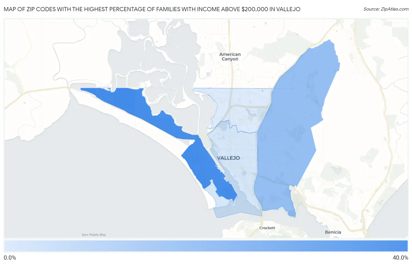 Zip Codes with the Highest Percentage of Families with Income Above $200,000 in Vallejo Map