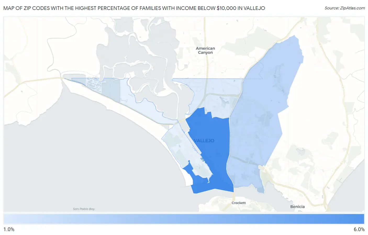 Zip Codes with the Highest Percentage of Families with Income Below $10,000 in Vallejo Map