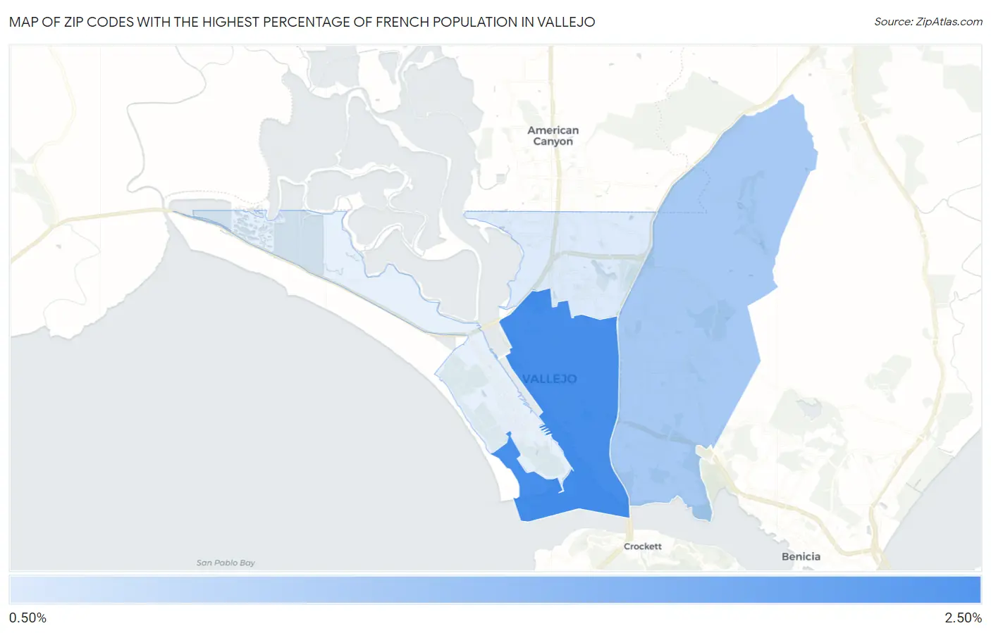 Zip Codes with the Highest Percentage of French Population in Vallejo Map