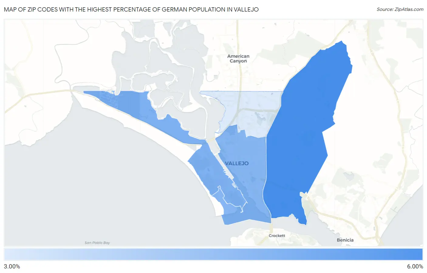 Zip Codes with the Highest Percentage of German Population in Vallejo Map