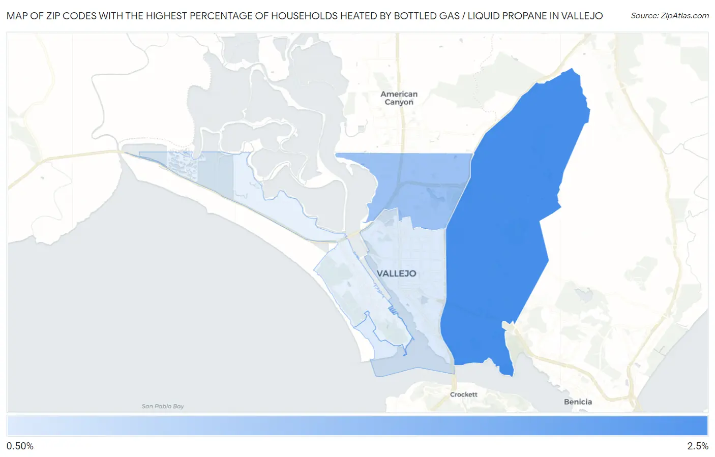 Zip Codes with the Highest Percentage of Households Heated by Bottled Gas / Liquid Propane in Vallejo Map