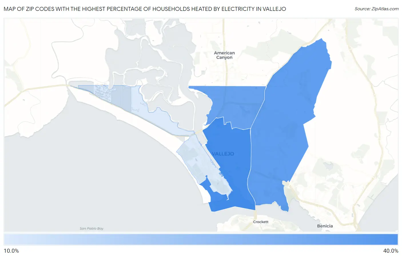 Zip Codes with the Highest Percentage of Households Heated by Electricity in Vallejo Map