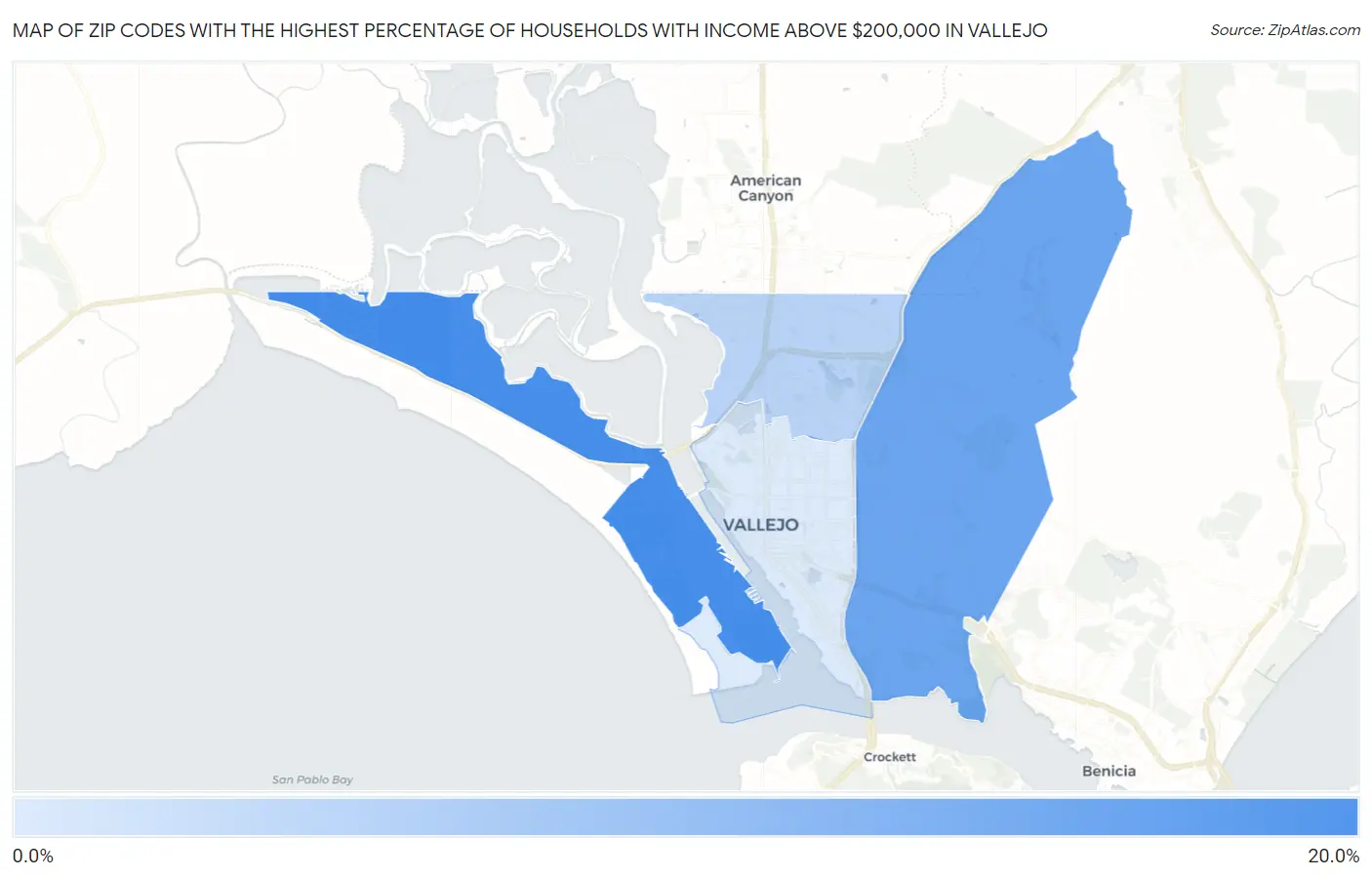 Zip Codes with the Highest Percentage of Households with Income Above $200,000 in Vallejo Map