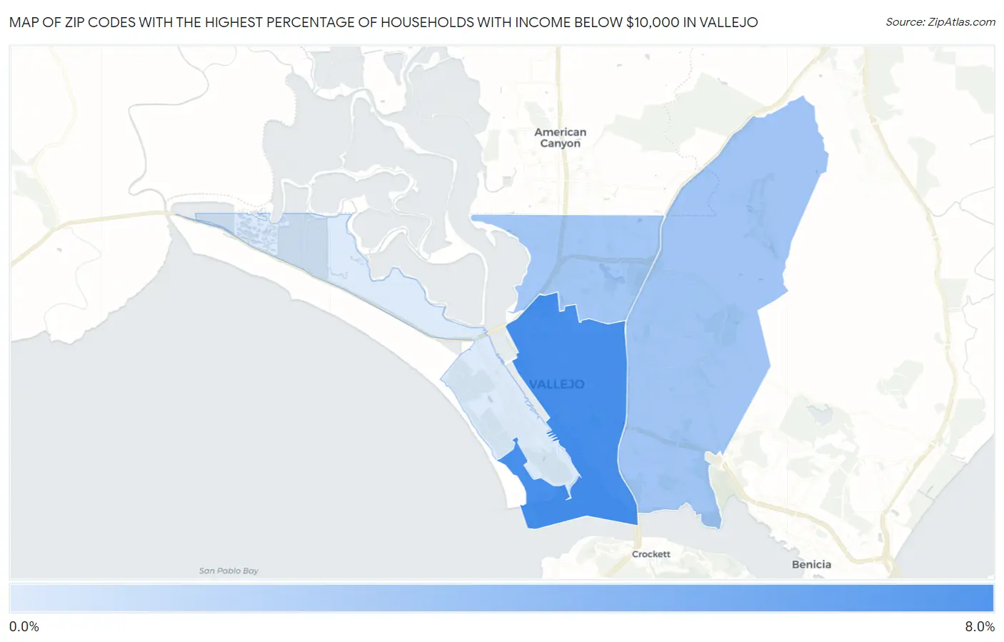 Zip Codes with the Highest Percentage of Households with Income Below $10,000 in Vallejo Map