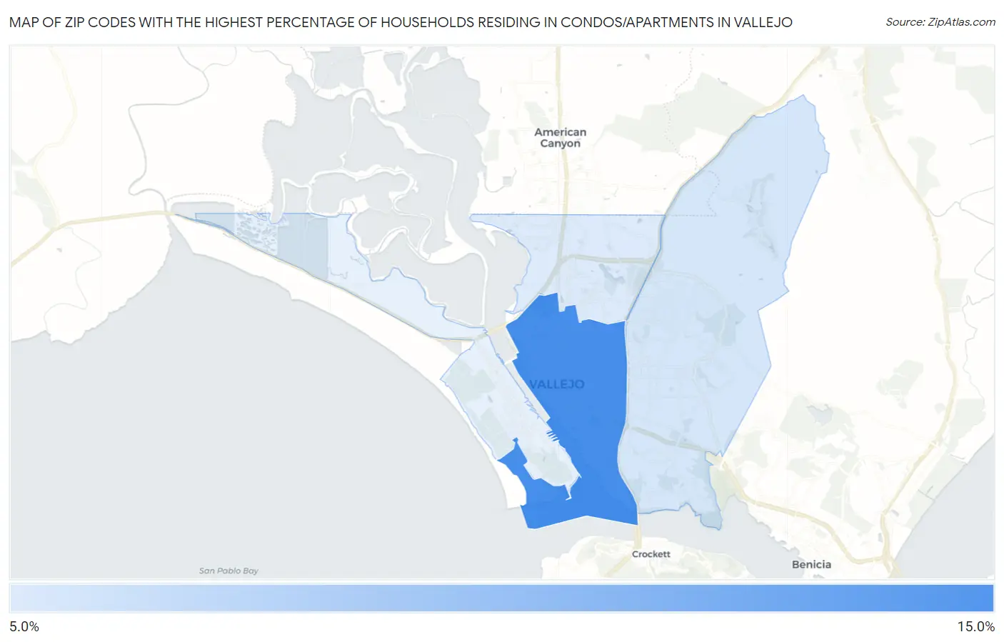 Zip Codes with the Highest Percentage of Households Residing in Condos/Apartments in Vallejo Map