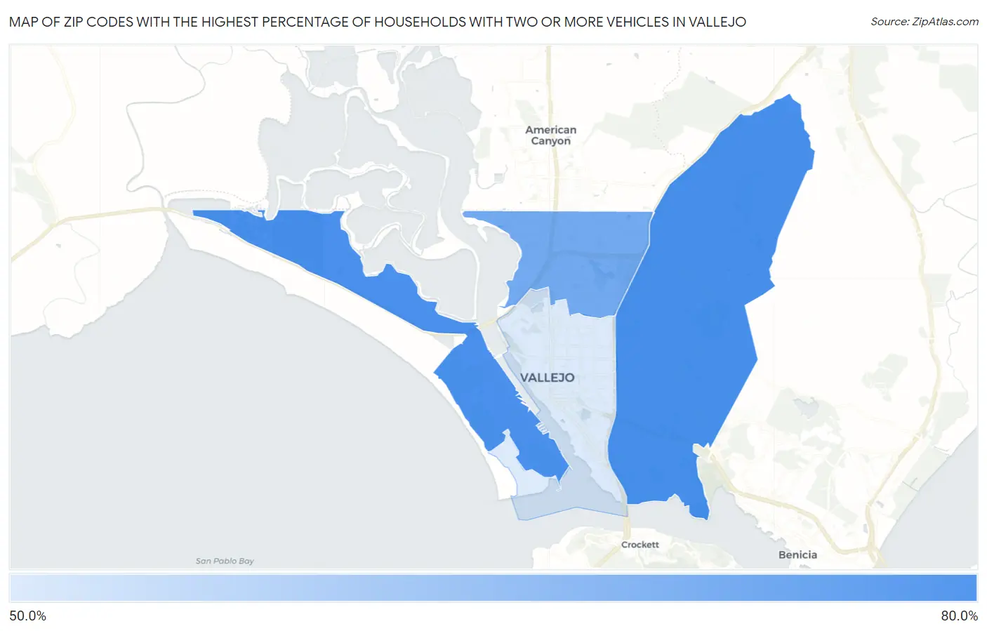 Zip Codes with the Highest Percentage of Households With Two or more Vehicles in Vallejo Map