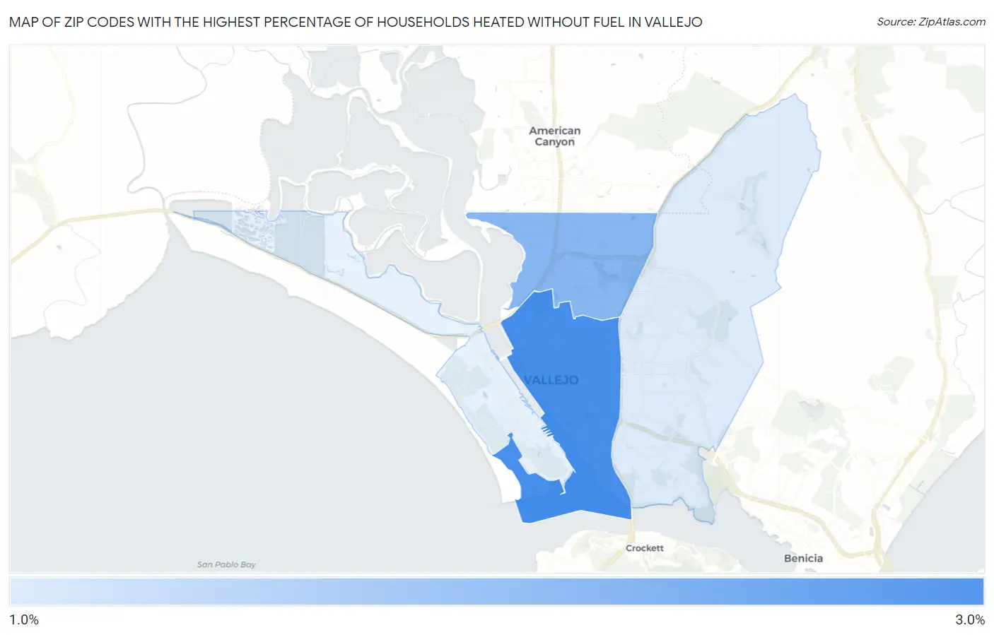 Zip Codes with the Highest Percentage of Households Heated without Fuel in Vallejo Map