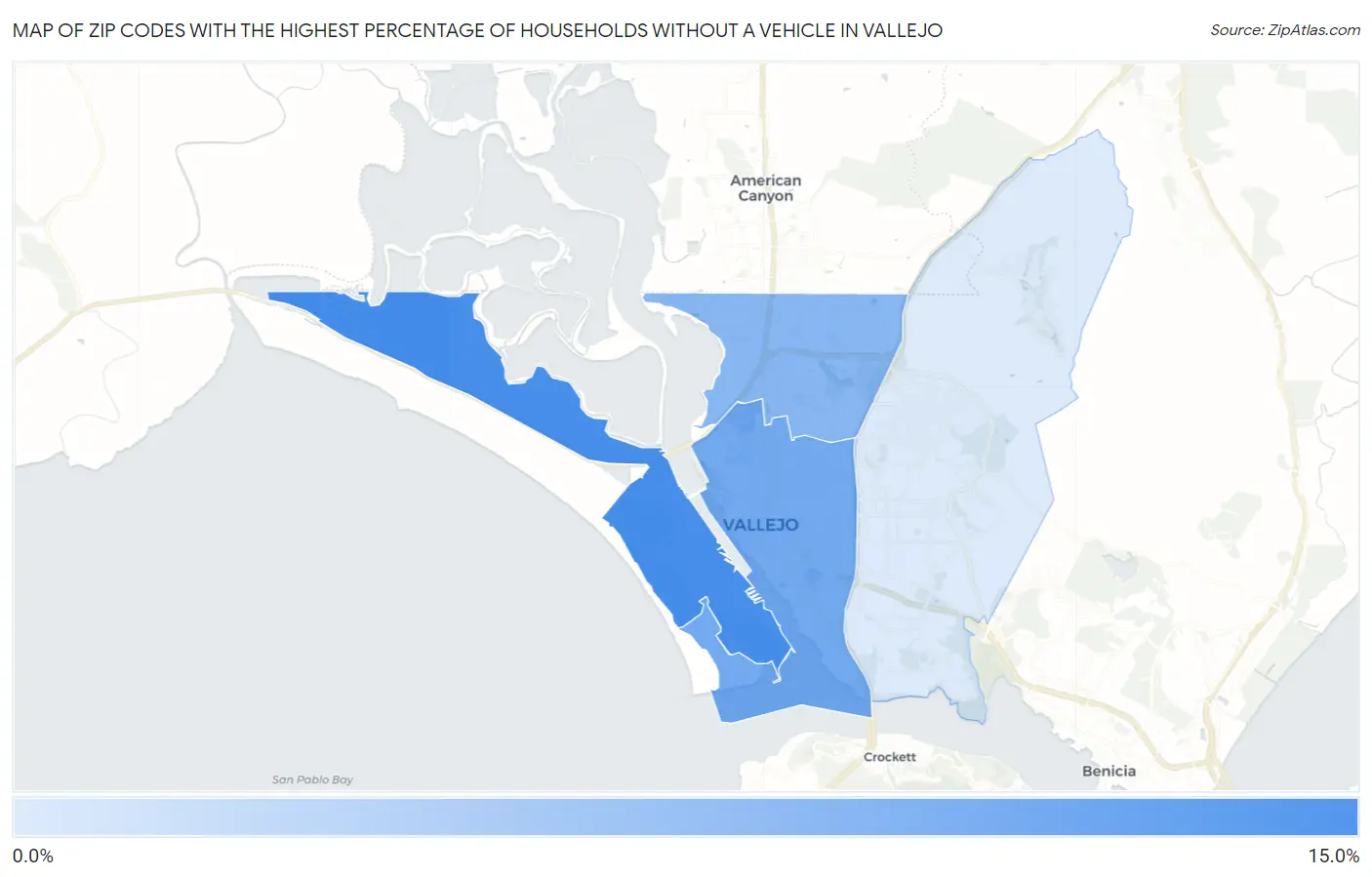 Zip Codes with the Highest Percentage of Households Without a Vehicle in Vallejo Map