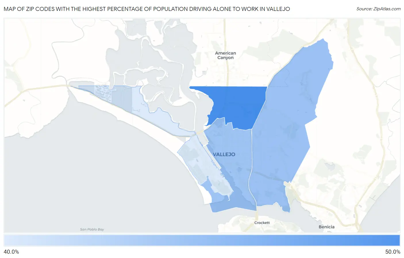 Zip Codes with the Highest Percentage of Population Driving Alone to Work in Vallejo Map