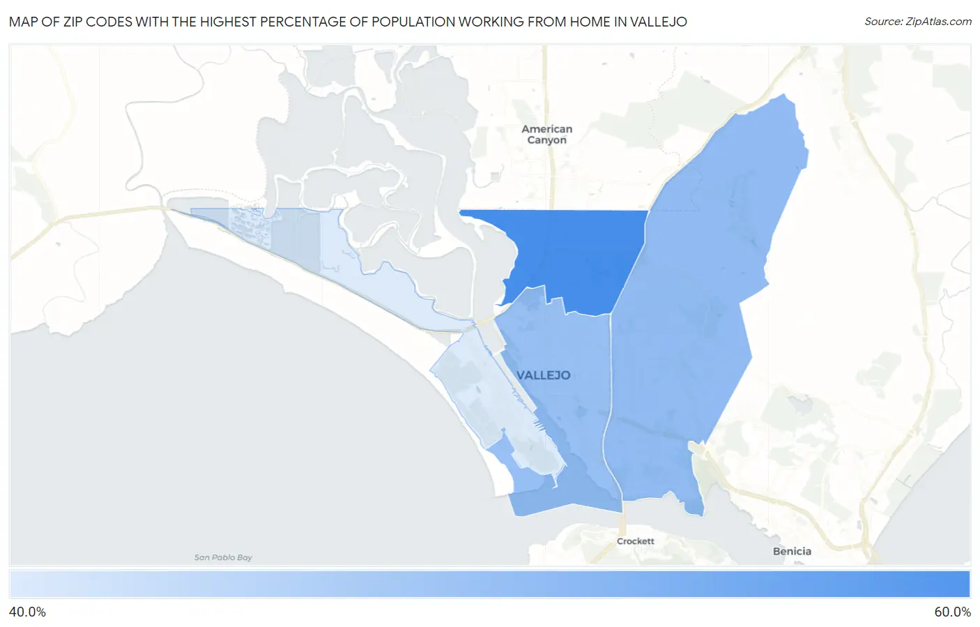 Zip Codes with the Highest Percentage of Population Working from Home in Vallejo Map