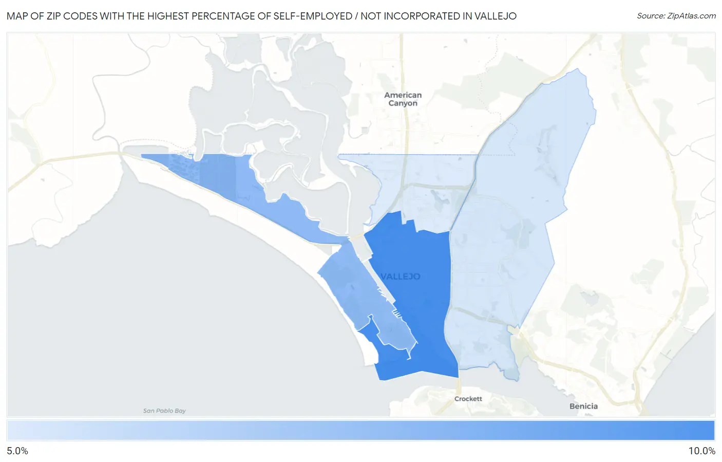 Zip Codes with the Highest Percentage of Self-Employed / Not Incorporated in Vallejo Map