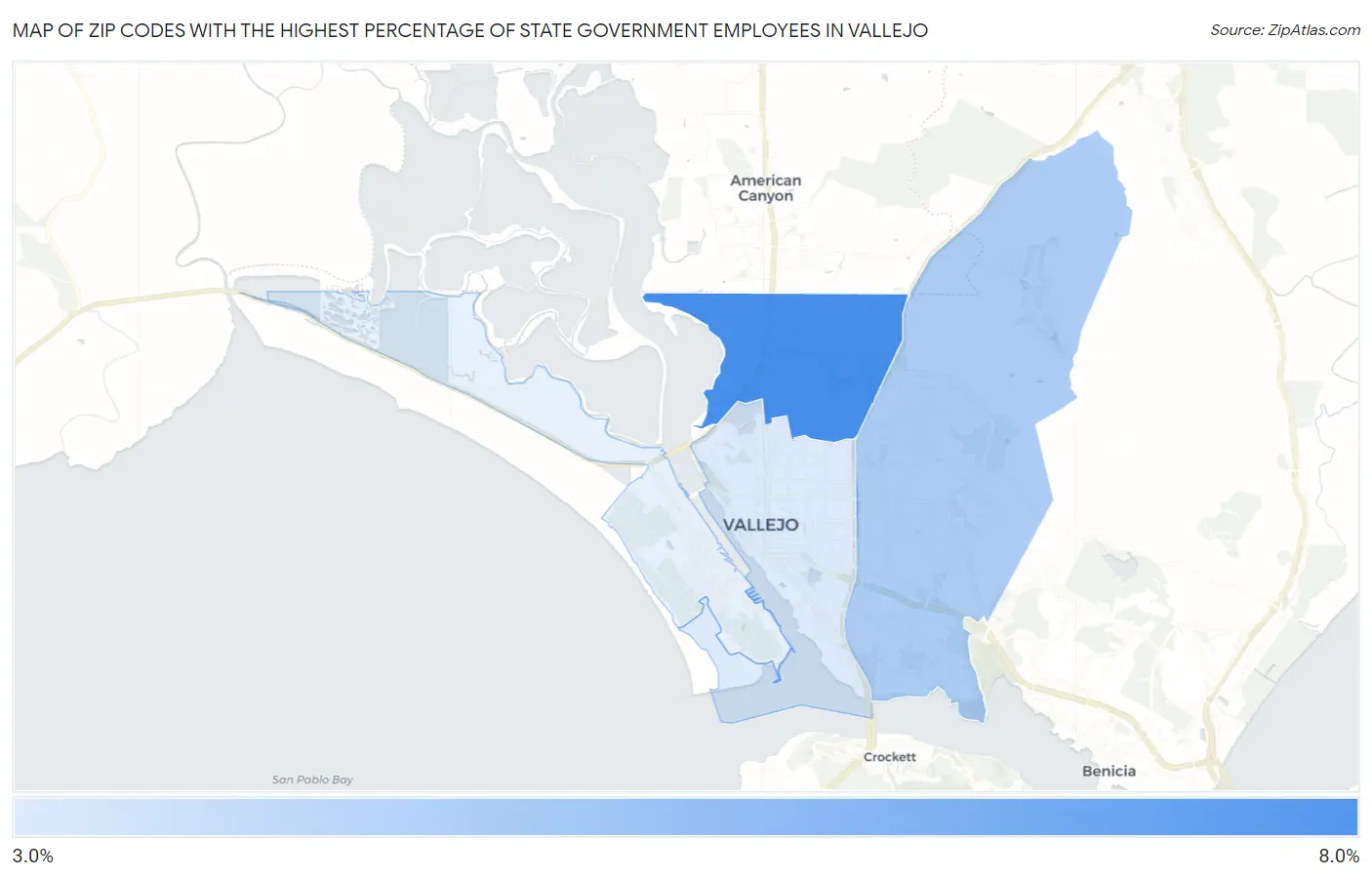 Zip Codes with the Highest Percentage of State Government Employees in Vallejo Map