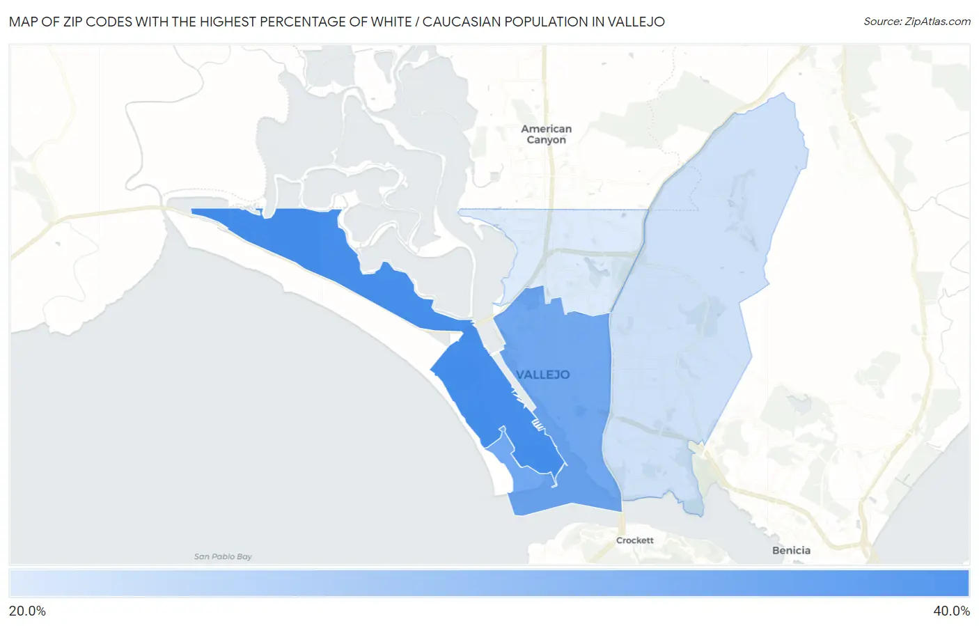 Zip Codes with the Highest Percentage of White / Caucasian Population in Vallejo Map