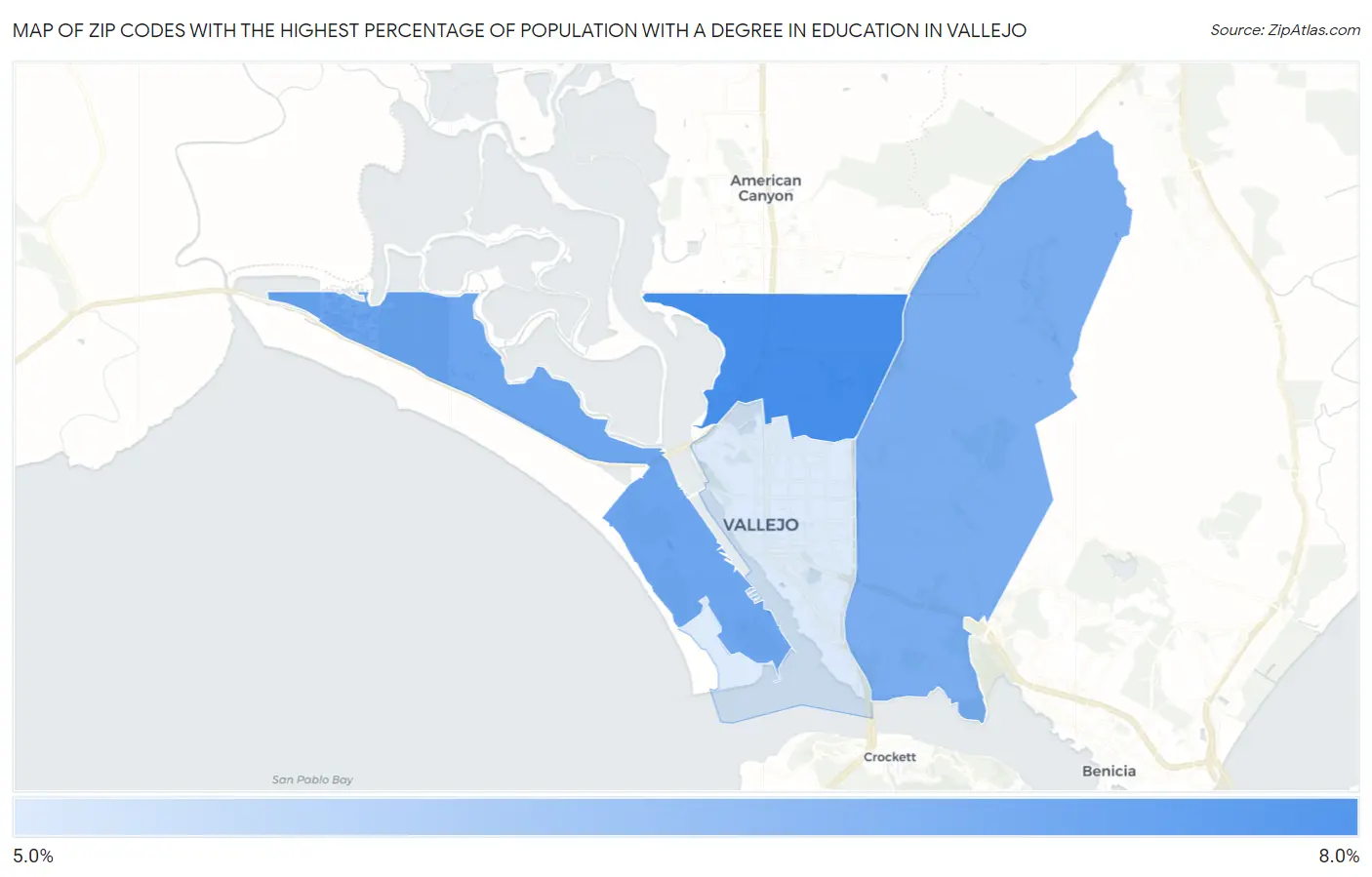 Zip Codes with the Highest Percentage of Population with a Degree in Education in Vallejo Map
