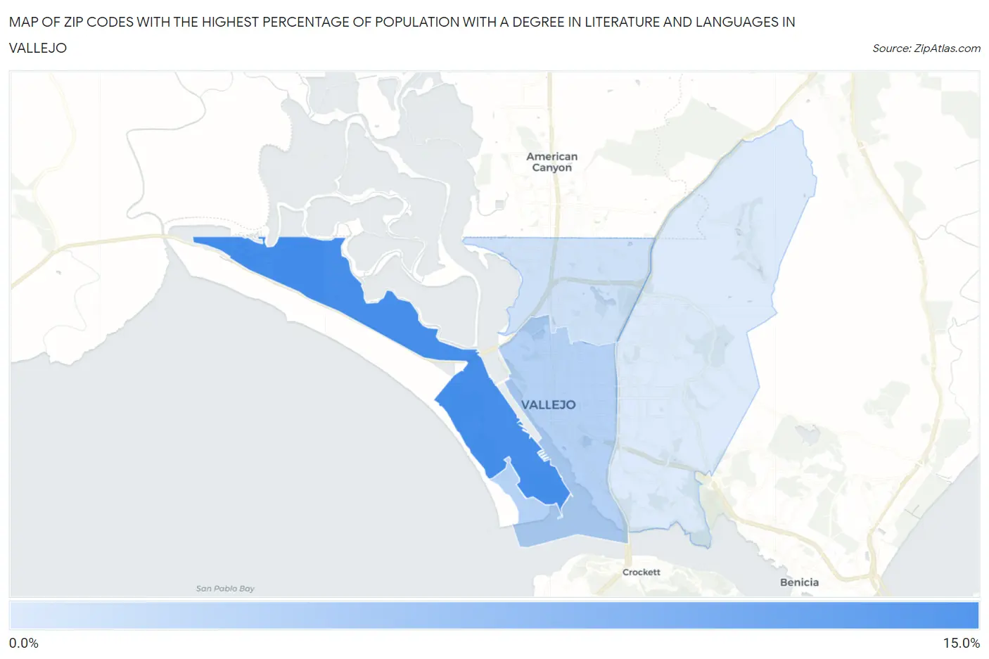 Zip Codes with the Highest Percentage of Population with a Degree in Literature and Languages in Vallejo Map