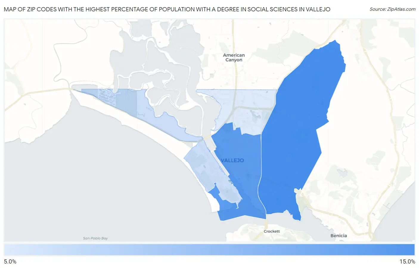 Zip Codes with the Highest Percentage of Population with a Degree in Social Sciences in Vallejo Map