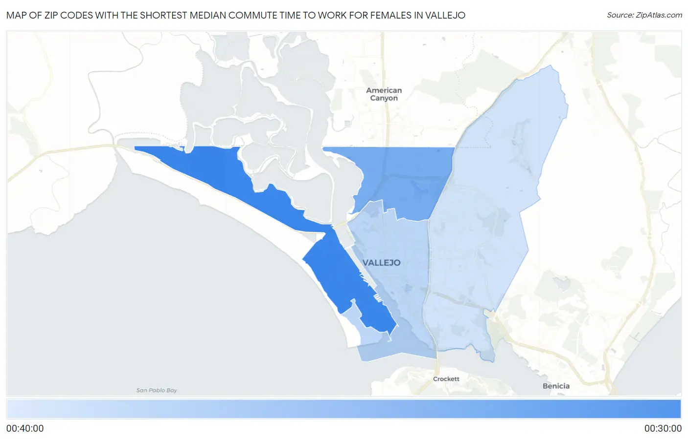 Zip Codes with the Shortest Median Commute Time to Work for Females in Vallejo Map
