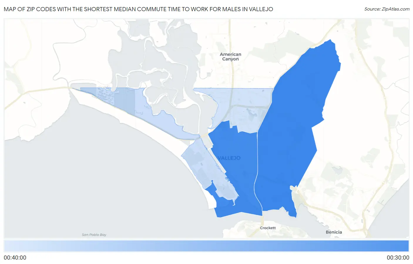 Zip Codes with the Shortest Median Commute Time to Work for Males in Vallejo Map
