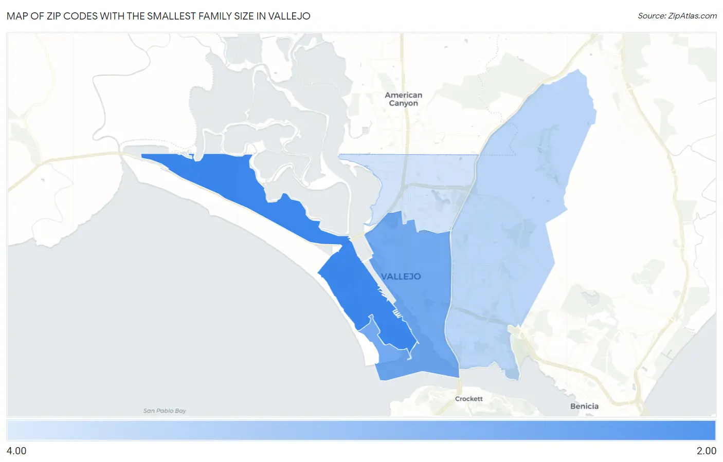 Zip Codes with the Smallest Family Size in Vallejo Map