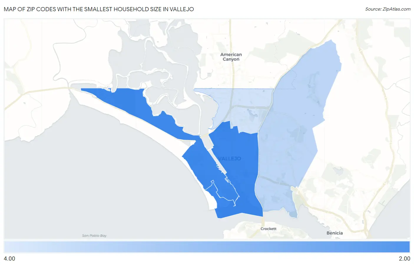 Zip Codes with the Smallest Household Size in Vallejo Map