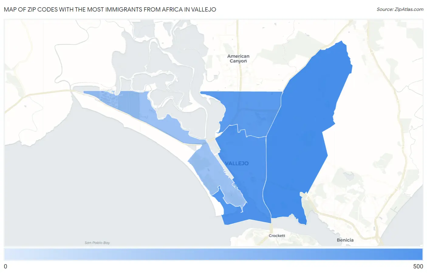 Zip Codes with the Most Immigrants from Africa in Vallejo Map
